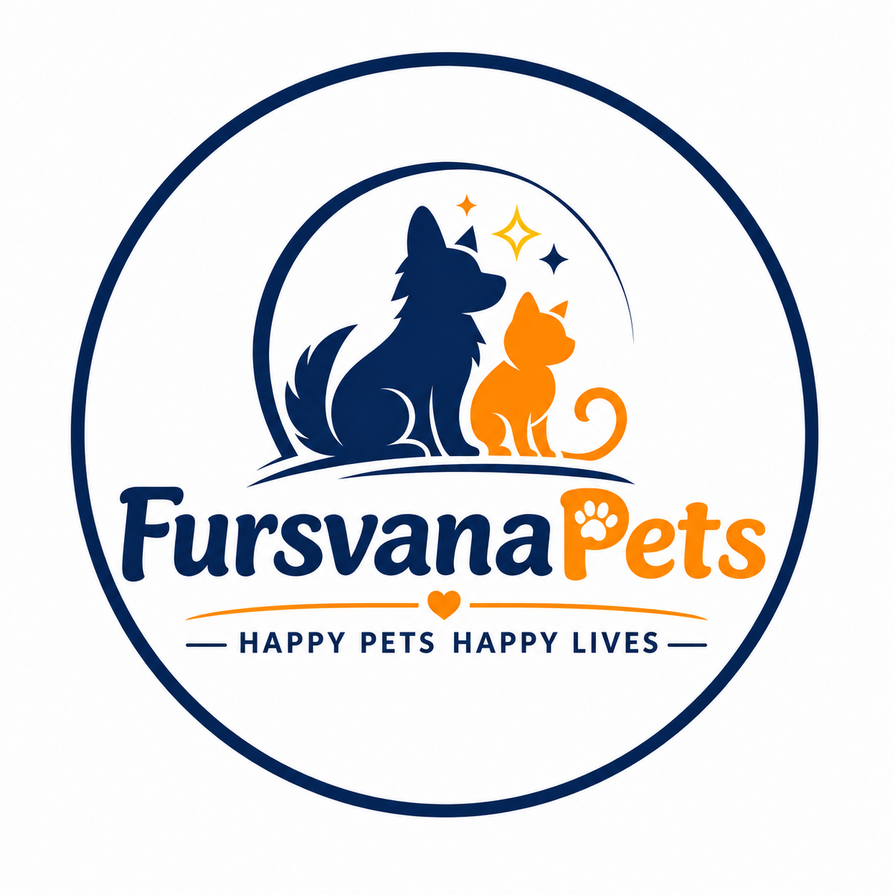 FursvanaPets pet store logo featuring a blue dog and orange cat with the tagline "Happy Pets Happy Lives," representing premium pet products for dogs and cats.